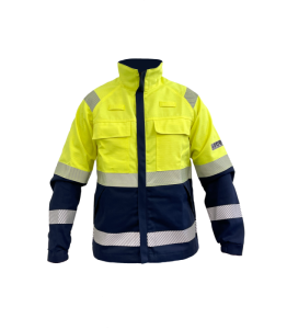 Kurtka robocza antystatyczna zabezpiecza przed ogniem, łukiem elektrycznym, wyładowaniami i chemikaliami BoSafety MULTISAFE III kat. Hi-vis Klasa 2 Żółty odblaskowy/Ciemnoniebieski