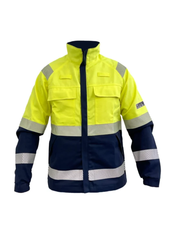 Kurtka robocza antystatyczna zabezpiecza przed ogniem, łukiem elektrycznym, wyładowaniami i chemikaliami BoSafety MULTISAFE III kat. Hi-vis Klasa 2 Żółty odblaskowy/Ciemnoniebieski