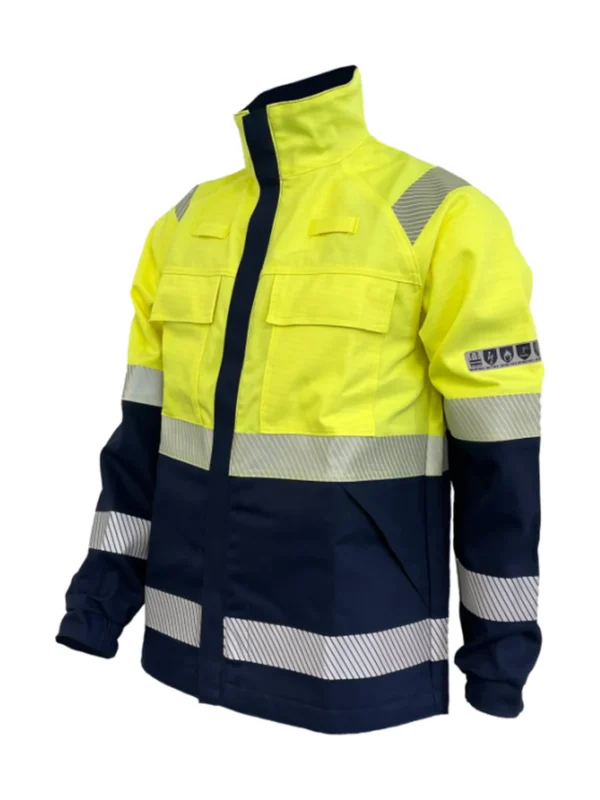 Kurtka robocza antystatyczna zabezpiecza przed ogniem, łukiem elektrycznym, wyładowaniami i chemikaliami BoSafety MULTISAFE III kat. Hi-vis Klasa 2 Żółty odblaskowy/Ciemnoniebieski