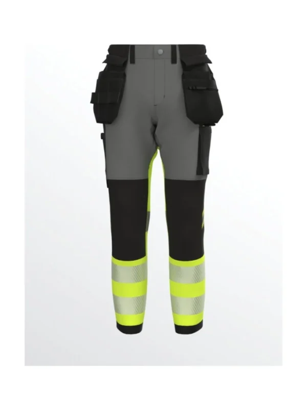 Spodnie robocze z 4-kierunkowym stretchem wytrzymałe ostrzegawcze TENSION PRO Hi-Vis BoSafety szaro/żółte