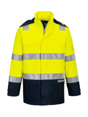 Trudnopalna i antystatyczna kurtka ostrzegawcza Bizflame Rain + Light ARC żółto-granatowa Portwest FR605