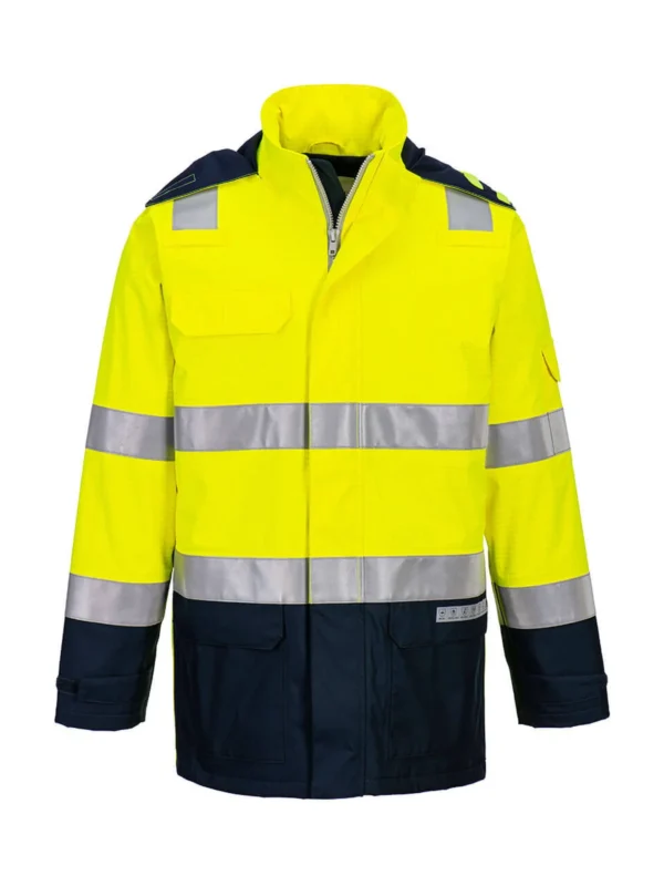 Trudnopalna i antystatyczna kurtka ostrzegawcza Bizflame Rain + Light ARC żółto-granatowa Portwest FR605